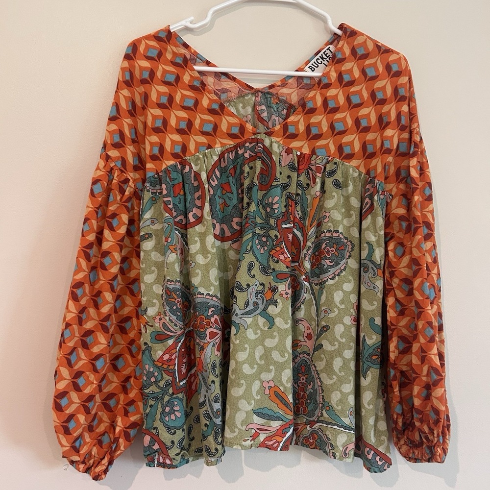 Anthropologie Bucket List Blouse Sz S Oversized Boho Paisley Patchwork Colorful